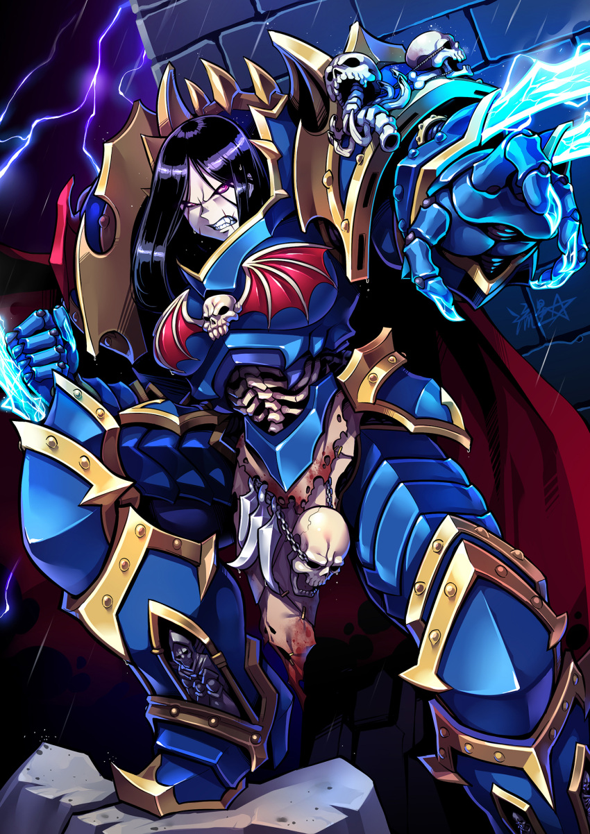 1girl armor black_hair blue_armor bone clawed_gauntlets claws genderswap genderswap_(mtf) highres konrad_curze lightning lightning_claws long_hair looking_at_viewer night ryuusei_(mark_ii) scar scar_on_face skull solo violet_eyes warhammer_40k