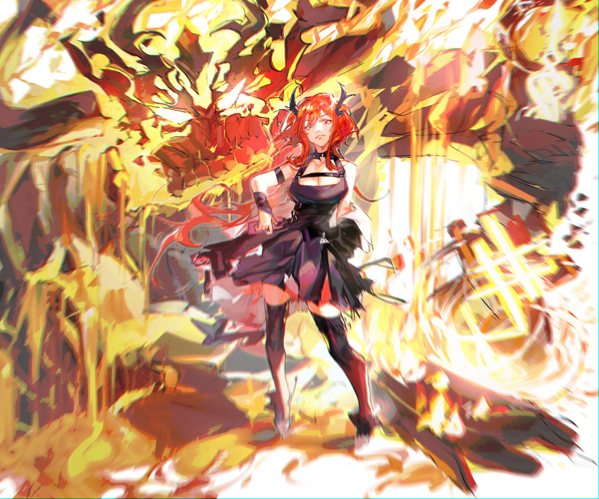 1boy 1girl absurdres arknights crossover demon demon_girl demon_horns doodle dress fate/grand_order fate_(series) fire giant high_heels highres holding holding_weapon horns linhuuuu long_hair looking_at_viewer redhead surtr_(arknights) surtr_(fate) sword thigh-highs violet_eyes weapon