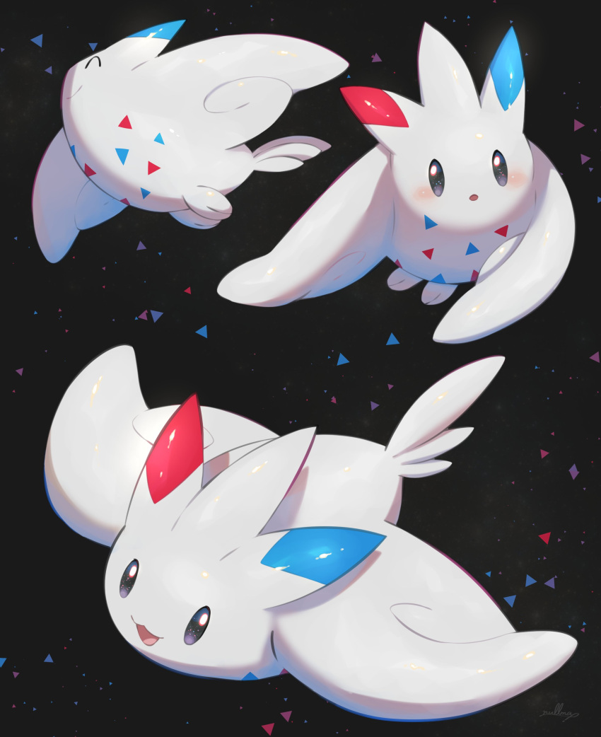 :d ^_^ absurdres black_background blush closed_eyes closed_mouth commentary_request gen_4_pokemon grey_eyes highres looking_at_viewer no_humans nullma open_mouth parted_lips pokemon pokemon_(creature) shiny shiny_skin smile togekiss tongue