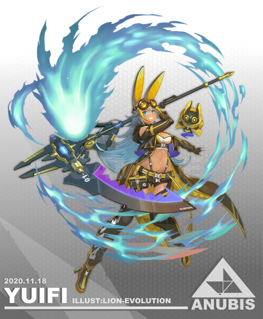 1343978684 1girl animal_ears anubis belt belt_pouch blue_eyes blue_fire chaps clothing_cutout commentary_request dark_skin egyptian_mythology fire full_body goggles goggles_on_head grey_hair grin highres jackal_ears jackal_tail long_hair looking_at_viewer original pouch scythe short_shorts shorts shoulder_cutout smile suspenders
