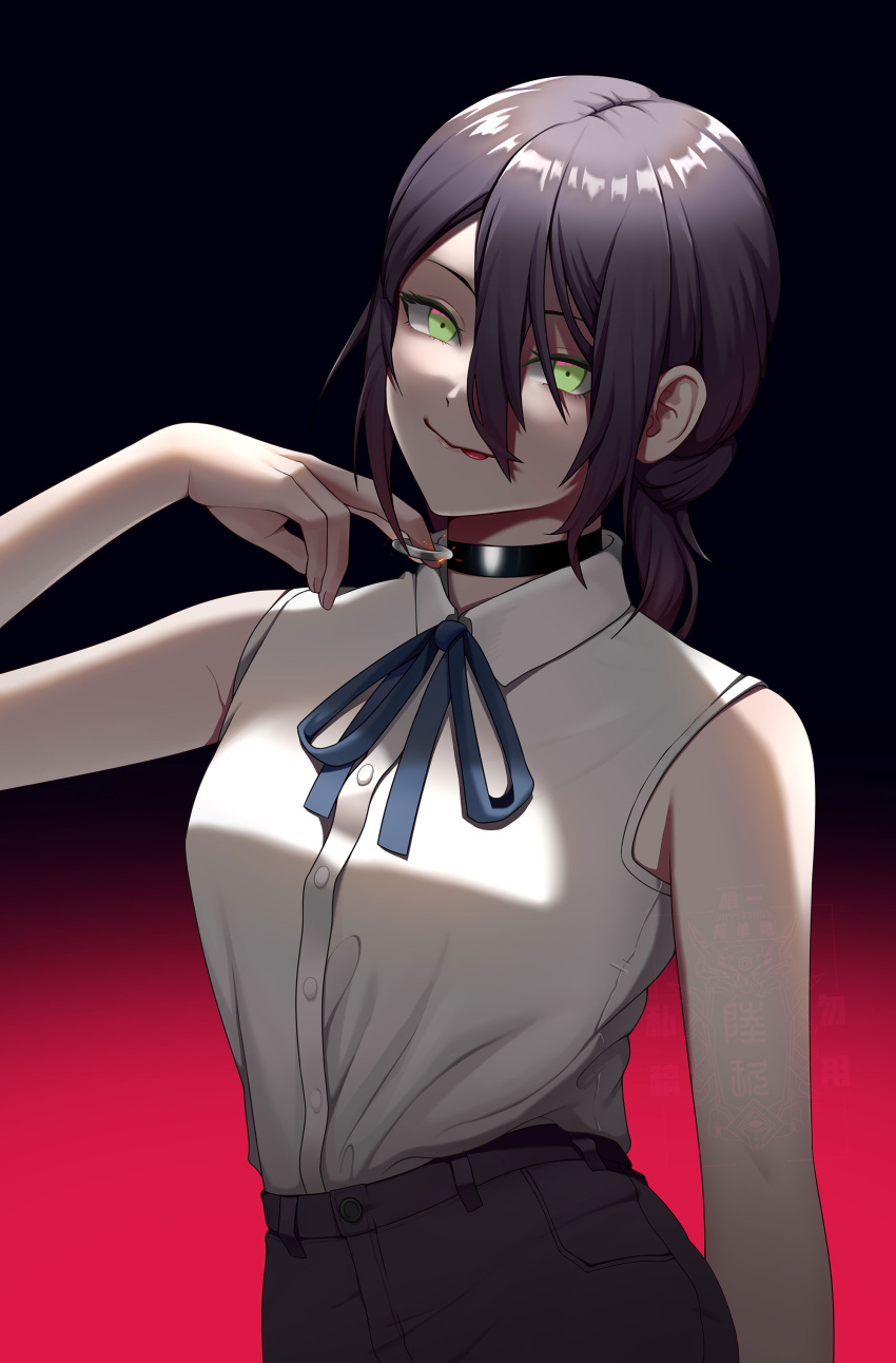 1girl absurdres black_choker black_hair black_shorts blue_neckwear blue_ribbon breasts chainsaw_man chinese_commentary choker closed_mouth collared_shirt gradient gradient_background green_eyes grenade_pin hair_between_eyes haiyan_factory highres licking_lips lips looking_at_viewer medium_breasts neck_ribbon pink_background pulling reze_(chainsaw_man) ribbon shirt shirt_tucked_in short_hair short_ponytail shorts simple_background sleeveless sleeveless_shirt smile solo tongue tongue_out two-tone_background upper_body white_shirt wing_collar