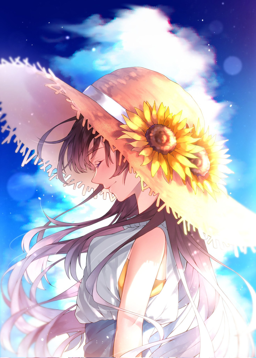 1girl blue_sky blush brown_hair closed_eyes closed_mouth clouds dress flower hat highres long_hair mole original outdoors profile sky sleeveless sleeveless_dress smile solo spide_r_(mxpm3455) straw_hat sun_hat sundress sunflower white_dress yellow_flower