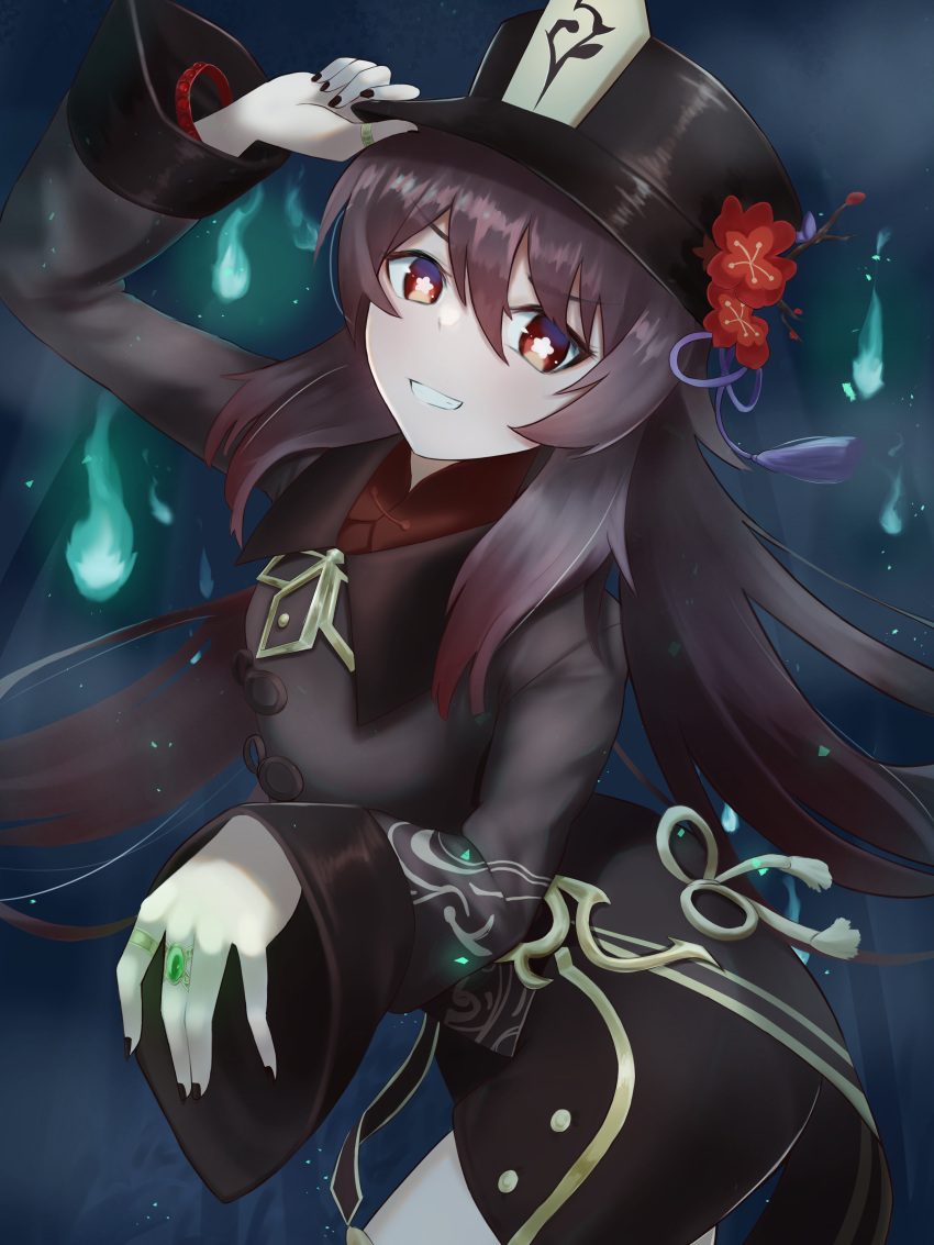 1girl :d absurdres bangs black_dress black_nails chinese_commentary dress eyebrows_visible_through_hair flower flower-shaped_pupils genshin_impact hat hat_flower highres holding holding_clothes holding_hat hu_tao_(genshin_impact) jewelry jixo_(user_nzhc8728) long_hair long_sleeves looking_at_viewer open_mouth red_eyes ring sidelocks smile solo