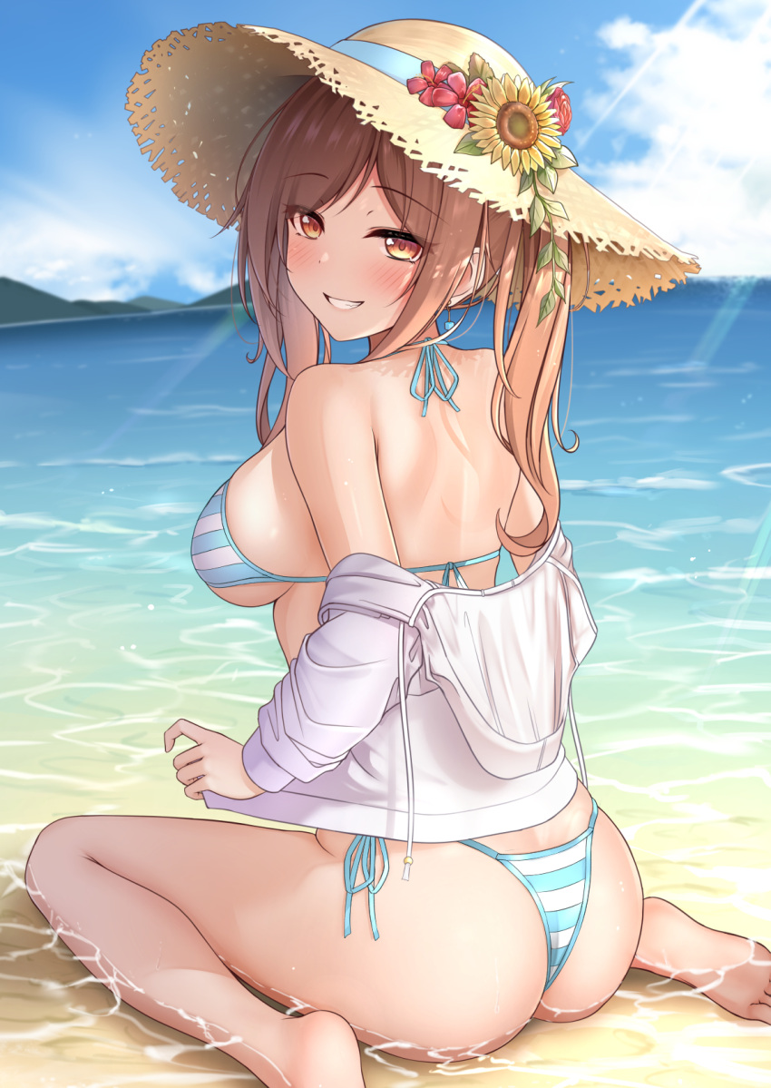 1girl ass back bangs bare_shoulders barefoot beach bikini blue_bikini blush breasts brown_eyes brown_hair day drawstring eyebrows_visible_through_hair flower from_behind grin halter_top halterneck hat hat_flower highres jacket large_breasts long_hair looking_at_viewer looking_back medium_breasts monaka_curl ocean off_shoulder open_clothes open_jacket orange_eyes original outdoors ponytail sand side-tie_bikini sidelocks sitting sky smile solo straw_hat string_bikini striped striped_bikini sun_hat swimsuit swimsuit_under_clothes twintails wariza water wet white_jacket