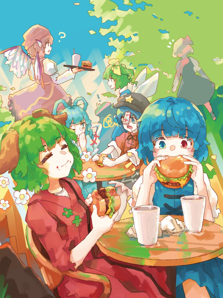 ! +++ 6+girls :o ? animal_ears bangs bird_ears bird_wings black_skirt black_vest blonde_hair blue_dress blue_eyes blue_hair blue_skirt blue_vest breasts burger cabbie_hat closed_eyes closed_mouth commentary_request covering_mouth cup daisy daiyousei day dog_ears dress eating eyebrows_visible_through_hair facing_away fairy_wings feet_out_of_frame floating flower flying food green_hair hagoromo hair_ornament hair_ribbon hair_rings hair_stick hand_over_own_mouth hand_up hat hat_ornament heterochromia highres hinanawi_tenshi holding holding_food holding_tray jiangshi juliet_sleeves kaku_seiga kasodani_kyouko long_sleeves looking_at_another miyako_yoshika mouth_drool multiple_girls mystia_lorelei notice_lines ofuda okamisty one_eye_closed one_side_up open_mouth outdoors outstretched_arms pink_hair profile puffy_short_sleeves puffy_sleeves red_dress red_eyes red_ribbon red_shirt ribbon rumia shawl shirt short_hair short_sleeves silhouette sitting skirt sky small_breasts squiggle star_(symbol) star_hat_ornament table tatara_kogasa touhou tray vest wasabisuke white_flower wings zombie_pose
