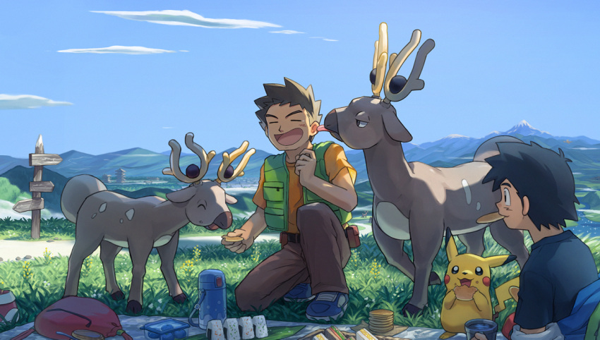 2boys ash_ketchum bag bag_removed black_hair black_shirt blanket blue_footwear brock_(pokemon) brown_hair brown_pants building closed_eyes clouds commentary_request day eating food gen_1_pokemon gen_2_pokemon grass green_vest guodon holding kneeling licking licking_ear male_focus mountain mouth_hold multiple_boys onigiri open_mouth orange_shirt outdoors pants picnic pikachu pokemon pokemon_(anime) pokemon_(classic_anime) pokemon_(creature) sandwich shirt shoes short_hair short_sleeves sign sky smile spiky_hair stantler t-shirt tearing_up thermos tongue vest |d