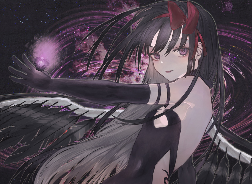 1girl akemi_homura akuma_homura backless_dress backless_outfit bare_shoulders black_dress black_feathers black_gloves black_hair commentary_request dark_background dress elbow_gloves feathered_wings gloves glowing hair_ribbon highres long_hair looking_at_viewer mahou_shoujo_madoka_magica mahou_shoujo_madoka_magica_movie red_ribbon ribbon satou_akira_(artist) solo soul_gem violet_eyes wings