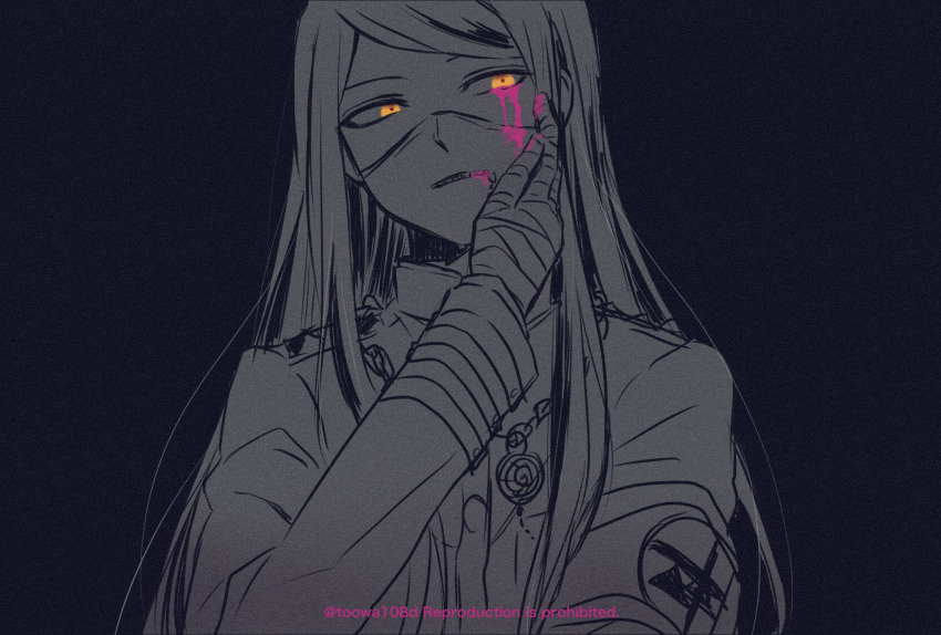 108_(toowa) 1boy bandaged_hands bandages bangs black_background blood blood_on_face bloody_tears commentary_request dangan_ronpa_(series) dangan_ronpa_v3:_killing_harmony hand_on_own_cheek hand_on_own_face hand_up highres jacket long_hair long_sleeves looking_at_viewer mask mouth_mask pink_blood shinguuji_korekiyo simple_background sketch spot_color twitter_username upper_body yellow_eyes