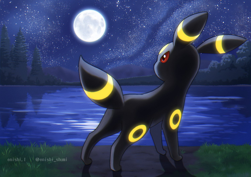 artist_name commentary_request enishi_(menkura-rin10) from_behind full_body full_moon gen_2_pokemon grass horizon lake looking_afar looking_at_object moon night night_sky no_humans pokemon pokemon_(creature) red_eyes reflection shadow sky solo star_(sky) starry_sky tree twitter_username umbreon