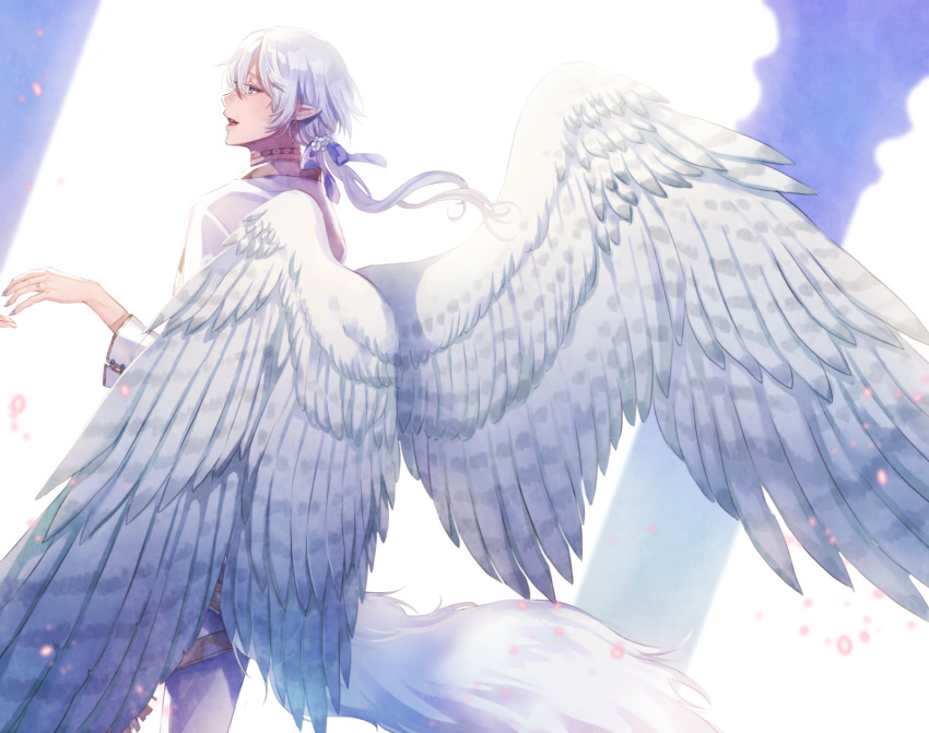 1boy blurry blurry_background clona column feathered_wings hair_between_eyes hair_ribbon highres jewelry long_hair outdoors pillar pixiv_fantasia pixiv_fantasia_age_of_starlight pointy_ears ribbon ring solo standing tail white_hair white_wings wings