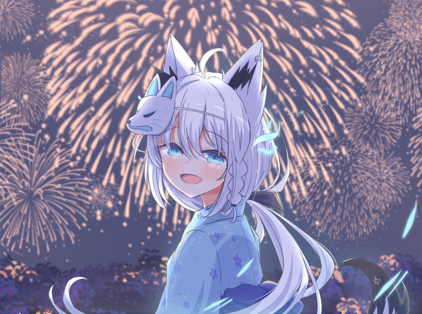 1girl ahoge animal_ears bangs blue_kimono blush braid commentary_request earrings eyebrows_visible_through_hair fireworks floral_print fox_ears fox_girl fox_mask fox_tail green_eyes hair_between_eyes highres hololive japanese_clothes jewelry kimono long_hair looking_at_viewer looking_back low_ponytail mask mask_on_head nananana_(nana_hololive) night obi open_mouth outdoors pentagram sash shirakami_fubuki sidelocks single_braid solo tail virtual_youtuber white_hair yukata