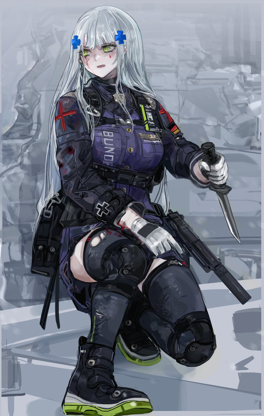 1girl black_legwear blood blood_on_face breasts commentary english_commentary facial_mark full_body girls_frontline gloves green_eyes gun hair_ornament handgun highres hk416_(girls_frontline) holding holding_gun holding_knife holding_weapon jacket knee_pads kneeling knife large_breasts long_hair long_sleeves nslacka purple_jacket shoes silver_hair solo suppressor thigh-highs torn_clothes torn_legwear weapon white_gloves