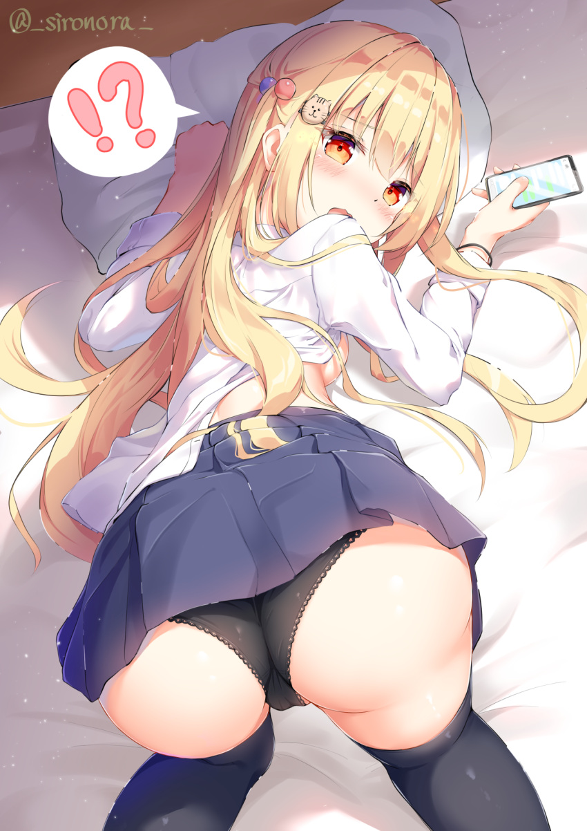 !? 1girl all_fours ass bangs bed bed_sheet black_legwear black_panties blonde_hair blue_skirt bracelet breasts cat_hair_ornament cellphone clothes_lift commentary_request eyebrows_visible_through_hair hair_between_eyes hair_bobbles hair_ornament highres holding holding_phone jewelry long_hair looking_at_viewer on_bed open_mouth orange_eyes original panties phone school_uniform shirt shirt_lift sideboob sidelocks sironora skirt small_breasts smartphone solo spoken_interrobang thigh-highs thighs underwear uniform white_shirt