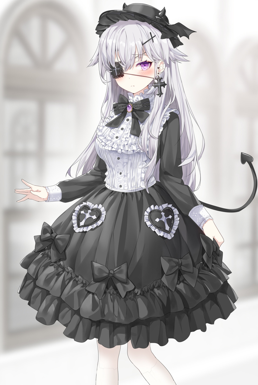 1girl black_headwear black_skirt blurry bow bowtie breasts brooch buttons closed_mouth commentary_request cross cross_earrings demon_tail depth_of_field ear_piercing earrings eyepatch frilled_shirt frilled_skirt frills hat head_wings highres jewelry lolita_fashion long_hair long_sleeves looking_at_viewer medium_breasts original piercing ronopu shirt skirt solo standing tail violet_eyes white_hair white_shirt