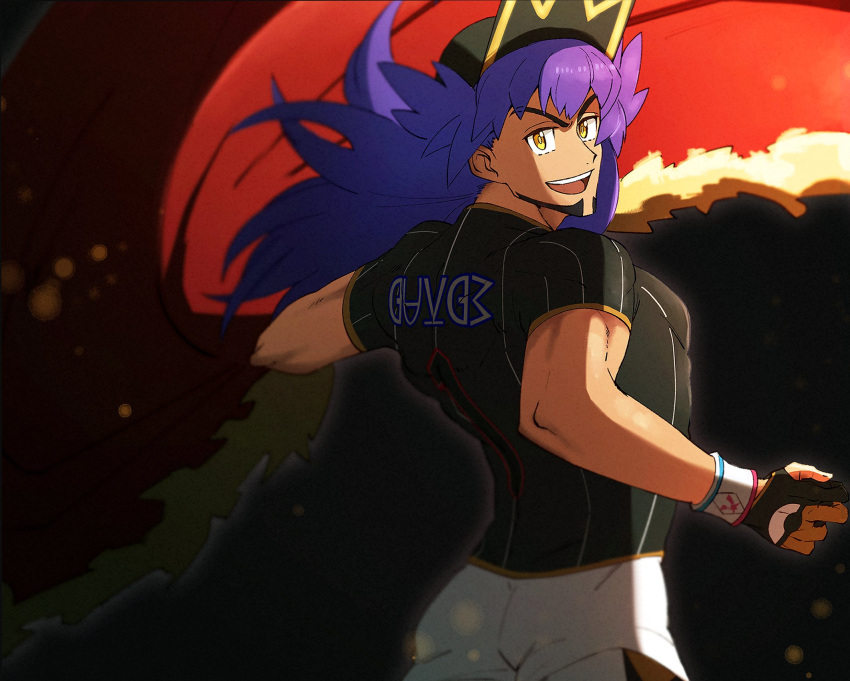 1boy :d bangs baseball_cap cape champion_uniform dark-skinned_male dark_skin dynamax_band facial_hair fur-trimmed_cape fur_trim gloves hat highres leggings leon_(pokemon) long_hair male_focus morio_(poke_orio) open_mouth partially_fingerless_gloves pokemon pokemon_(game) pokemon_swsh purple_hair red_cape shirt short_shorts short_sleeves shorts smile solo tongue upper_teeth white_legwear white_shorts yellow_eyes