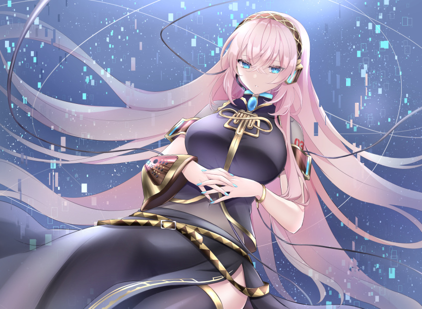 1girl arm_cuffs arm_tattoo belt blue_eyes blue_nails bracelet breasts cable commentary commission covered_navel floating_hair headphones headset highres jewelry kkr_rkgk large_breasts long_hair long_skirt looking_down megurine_luka microphone midriff number number_tattoo parted_lips pink_hair pixelated side_slit skeb_commission skirt sleeveless solo tattoo thigh-highs very_long_hair vocaloid