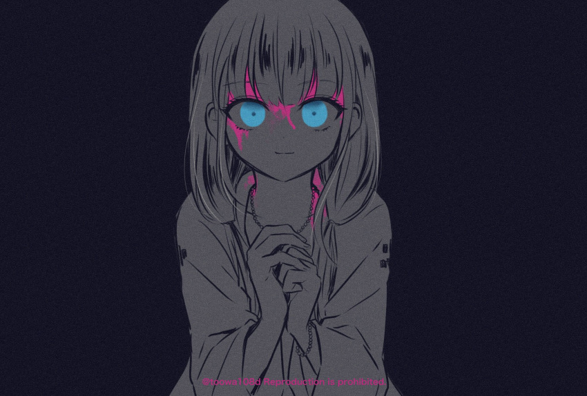 108_(toowa) 1girl bangs blood blood_on_face bloody_clothes blue_eyes collarbone commentary_request dangan_ronpa_(series) dangan_ronpa_v3:_killing_harmony glowing hands_up highres jacket jewelry limited_palette long_hair long_sleeves looking_at_viewer low_twintails monochrome necklace own_hands_together smile solo spot_color twintails twitter_username upper_body yonaga_angie