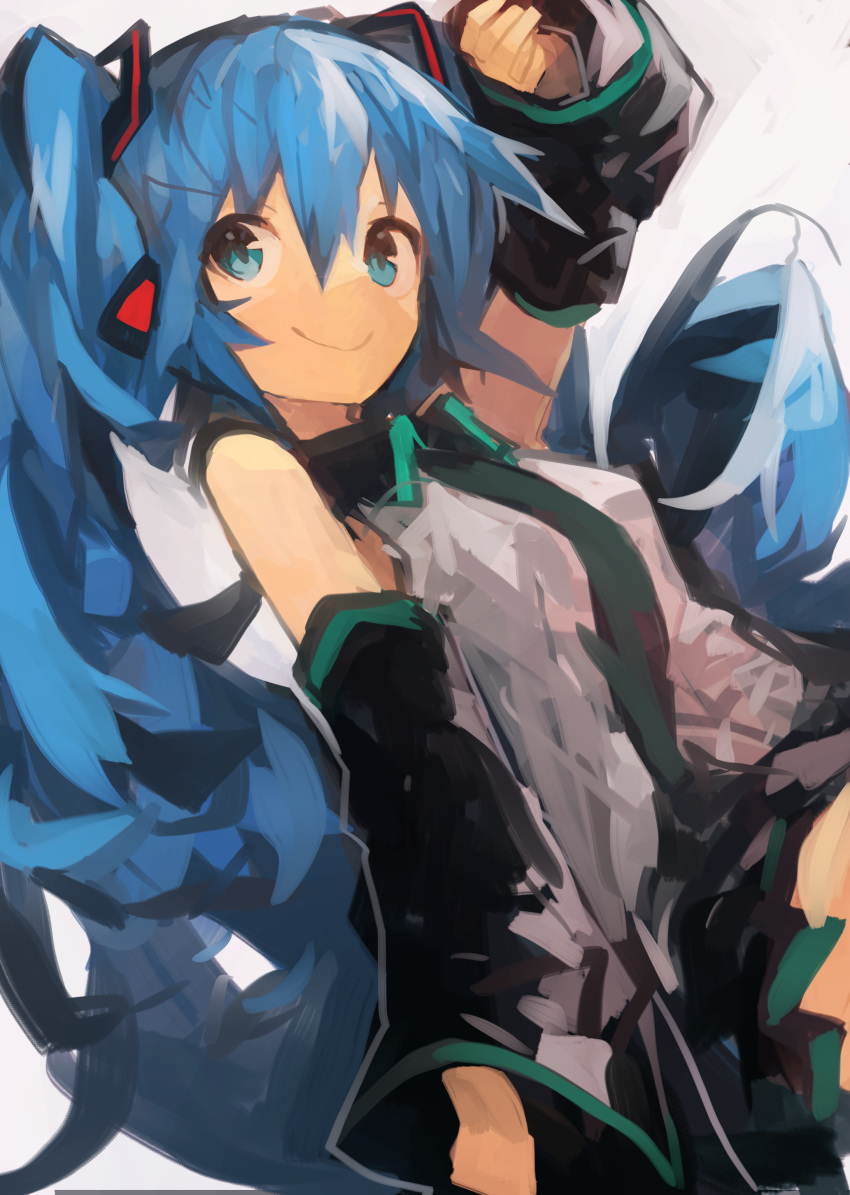 1girl absurdres arm_up bangs black_skirt blue_eyes blue_hair collared_shirt commentary cowboy_shot detached_sleeves dutch_angle grey_shirt hair_between_eyes hair_ornament hatsune_miku headphones highres kaamin_(mariarose753) long_hair looking_to_the_side necktie neon_trim pleated_skirt shirt skirt smile solo twintails very_long_hair vocaloid