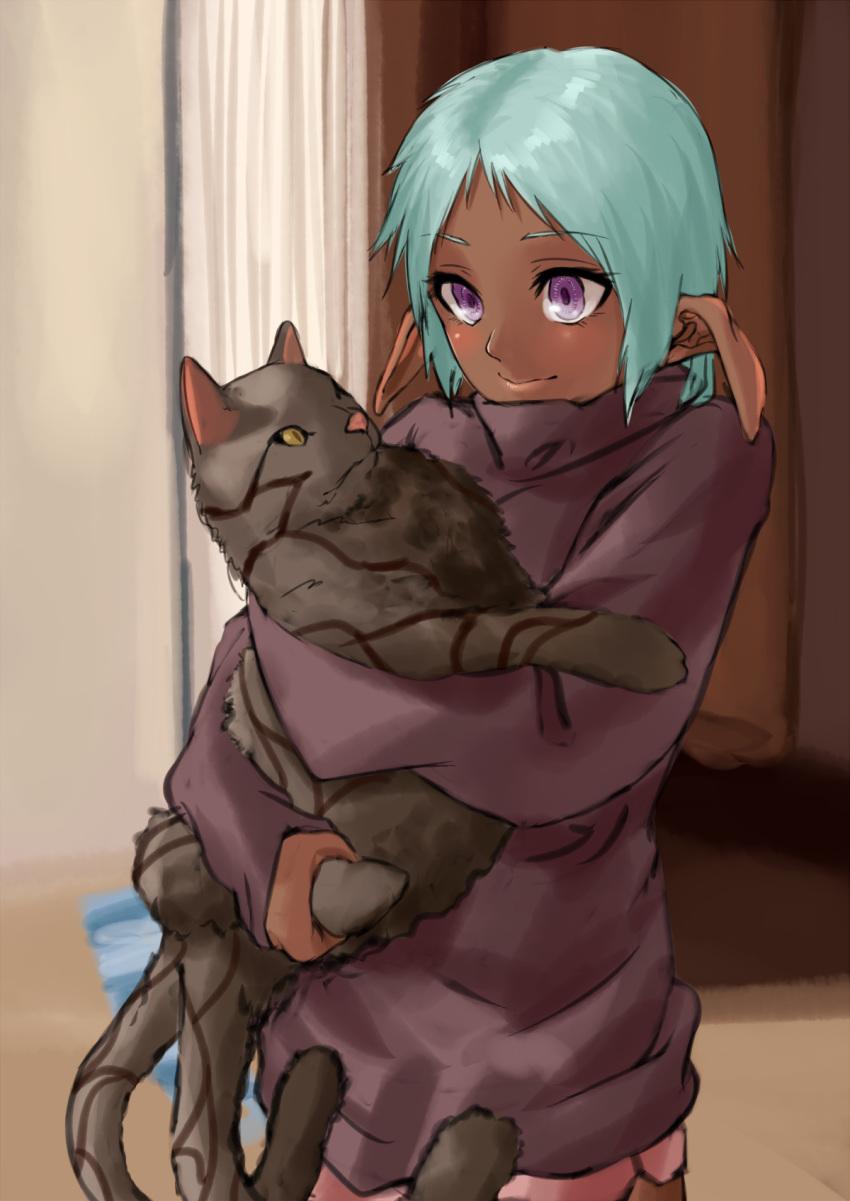 1girl animal blue_hair blush brown_sweater cat closed_mouth dark-skinned_female dark_elf dark_skin ears_down elf highres holding holding_animal holding_cat kirie_kairi long_sleeves multiple_tails nekomata original pointy_ears smile solo sweater tail two_tails violet_eyes