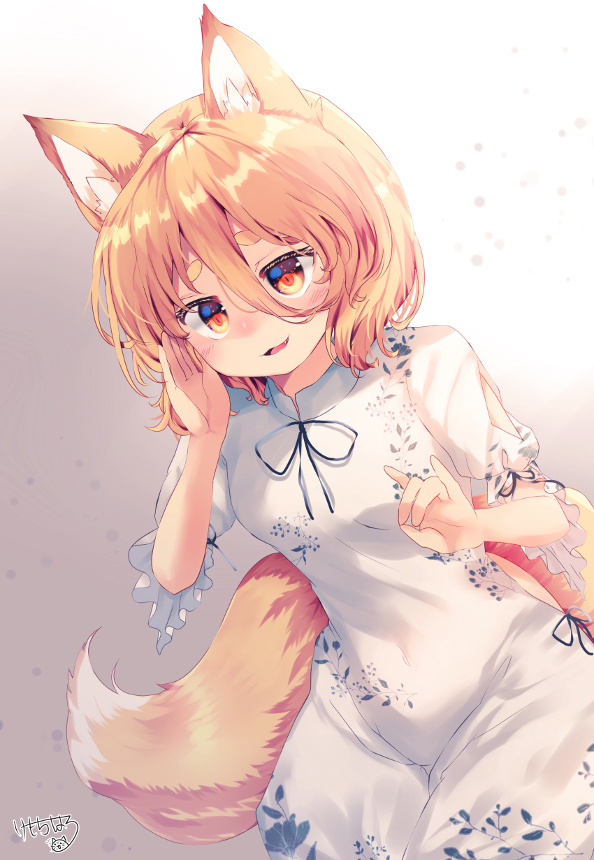 1girl absurdres animal_ear_fluff animal_ears bangs blonde_hair breasts commentary_request dress eyebrows_behind_hair fang fox_ears fox_girl fox_shadow_puppet fox_tail hair_between_eyes highres kemo_chiharu kudamaki_tsukasa looking_at_viewer parted_lips puffy_short_sleeves puffy_sleeves red_eyes short_eyebrows short_sleeves signature small_breasts smile solo tail thick_eyebrows touhou white_dress