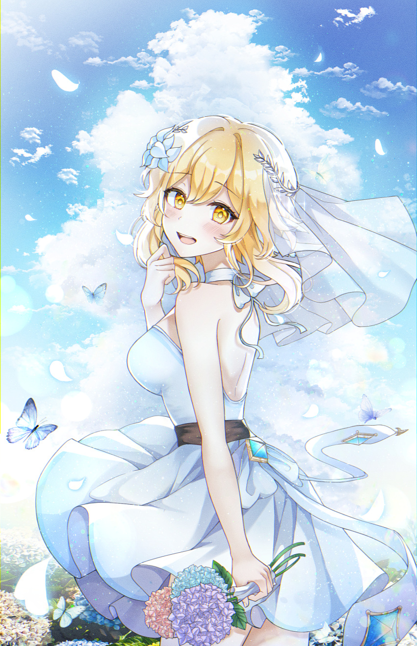 1girl bangs belt blonde_hair blue_butterfly blue_flower blue_sky blush bouquet breasts brown_belt bug butterfly clouds commentary cowboy_shot dress english_commentary eyebrows_visible_through_hair feathers flower genshin_impact hand_up highres holding holding_bouquet insect looking_at_viewer looking_back lumine_(genshin_impact) medium_breasts open_mouth orange_flower outdoors purple_flower ryunbi short_hair short_hair_with_long_locks sidelocks sky sleeveless sleeveless_dress smile solo upper_teeth veil vision_(genshin_impact) white_dress yellow_eyes