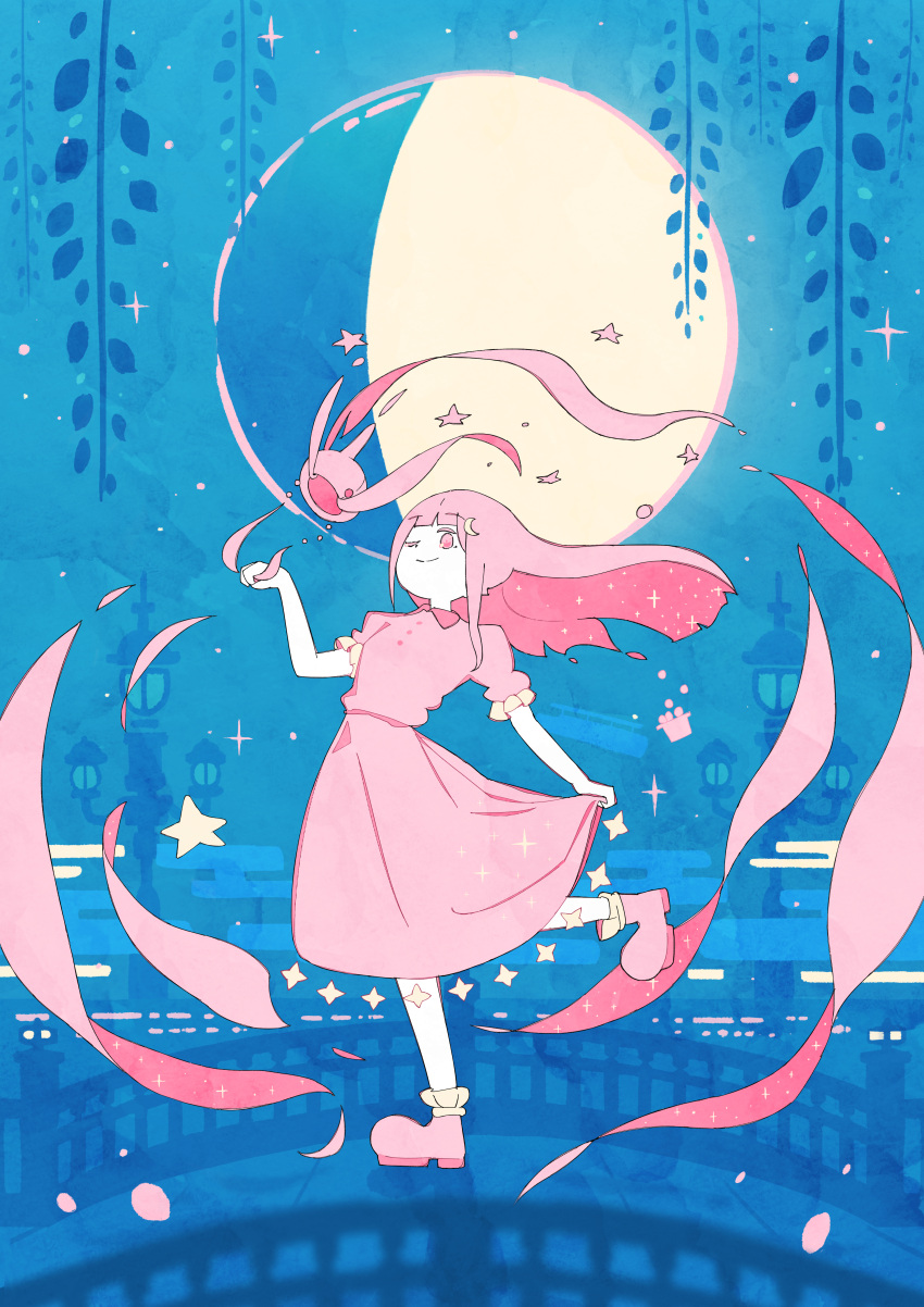 1girl absurdres alien ankle_boots blue_sky boots buttons clip_studio_paint_(medium) clouds commentary_request crescent crescent_hair_ornament dress egasumi full_body full_moon hair_ornament harumaki_gohan highres huge_filesize lamppost limited_palette long_hair looking_at_viewer moon night night_sky one_eye_closed original outdoors pink_dress pink_eyes pink_footwear pink_hair plant puffy_short_sleeves puffy_sleeves short_sleeves sky smile solo sparkle star_(symbol) vines