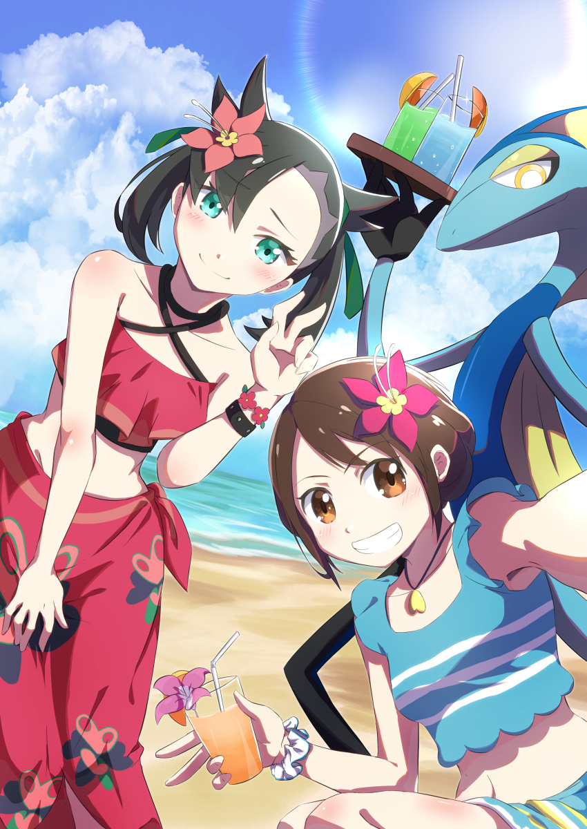 2girls absurdres asymmetrical_bangs bangs beach bikini black_hair blue_bikini blue_sky blush bracelet breasts brown_eyes brown_hair choker closed_mouth clouds cup drink drinking_glass drinking_straw eyebrows_visible_through_hair flower flower_bracelet food fruit gen_8_pokemon gloria_(pokemon) green_eyes green_ribbon group_picture hair_flower hair_ornament hair_ribbon halterneck hibiscus highres holding holding_tray inteleon jewelry leaning_to_the_side lens_flare looking_at_viewer marnie_(pokemon) medium_hair multiple_girls navel necklace negimiso1989 ocean orange_(food) orange_slice pink_flower pokemon pokemon_(creature) pokemon_(game) pokemon_masters_ex red_bikini red_flower ribbon sand sarong scrunchie selfie shadow shell_necklace short_hair sky small_breasts smile squatting sunlight swimsuit teeth tray twintails two_side_up v water wrist_scrunchie wristband
