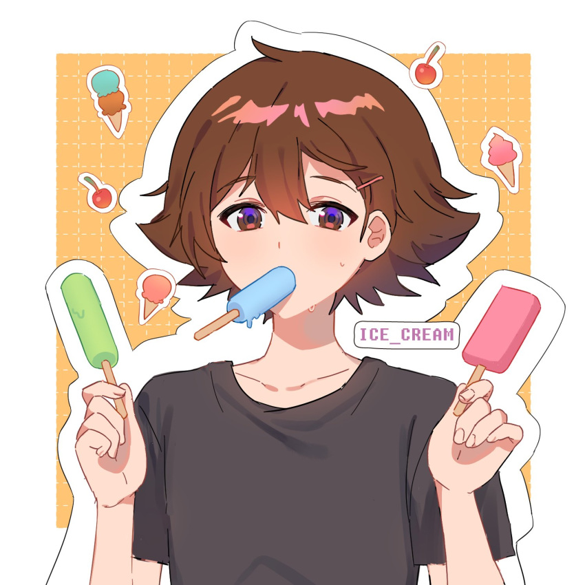 1boy bangs brown_eyes brown_hair brown_shirt collarbone eating fingernails food hair_between_eyes hair_ornament hairclip hands_up highres hilbert_(pokemon) holding holding_stick looking_at_viewer male_focus mouth_hold outline p_(flavorppp) pokemon pokemon_(game) pokemon_bw popsicle shiny shiny_hair shirt short_hair short_sleeves solo stick sweat symbol_commentary t-shirt upper_body