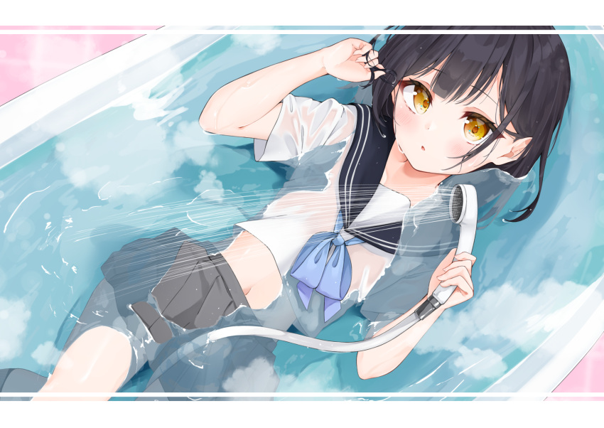 1girl bangs bath bathing bathtub black_hair black_sailor_collar blue_bow blush bow brown_eyes child commentary_request crop_top eyebrows_visible_through_hair grey_skirt hands_up highres hijouguti holding looking_at_viewer lying midriff navel on_back original parted_lips partially_submerged pleated_skirt sailor_collar school_uniform see-through serafuku shirt shower_head skirt solo wet wet_clothes wet_shirt white_shirt