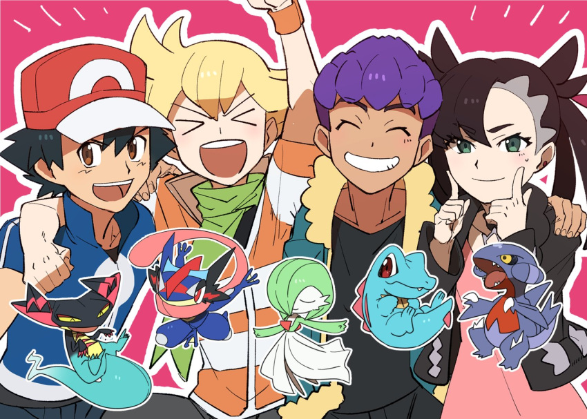 &gt;_&lt; 1girl 3boys :d arm_up ash-greninja ash_ketchum asymmetrical_bangs bangs barry_(pokemon) baseball_cap black_choker black_hair black_jacket black_pants black_shirt blonde_hair blue_jacket brown_eyes choker closed_eyes commentary_request dark-skinned_male dark_skin dragapult dress earrings fur-trimmed_jacket fur_trim gabite gardevoir gen_2_pokemon gen_3_pokemon gen_4_pokemon gen_6_pokemon gen_8_pokemon green_eyes green_scarf greninja hair_ribbon hat hop_(pokemon) jacket jewelry marnie_(pokemon) morio_(poke_orio) multiple_boys open_clothes open_jacket open_mouth outline pants pink_dress pokemon pokemon_(anime) pokemon_(classic_anime) pokemon_(creature) pokemon_(game) pokemon_dppt pokemon_swsh popped_collar purple_hair red_headwear red_ribbon ribbon scarf shirt short_hair short_sleeves smile striped_jacket totodile upper_teeth |d