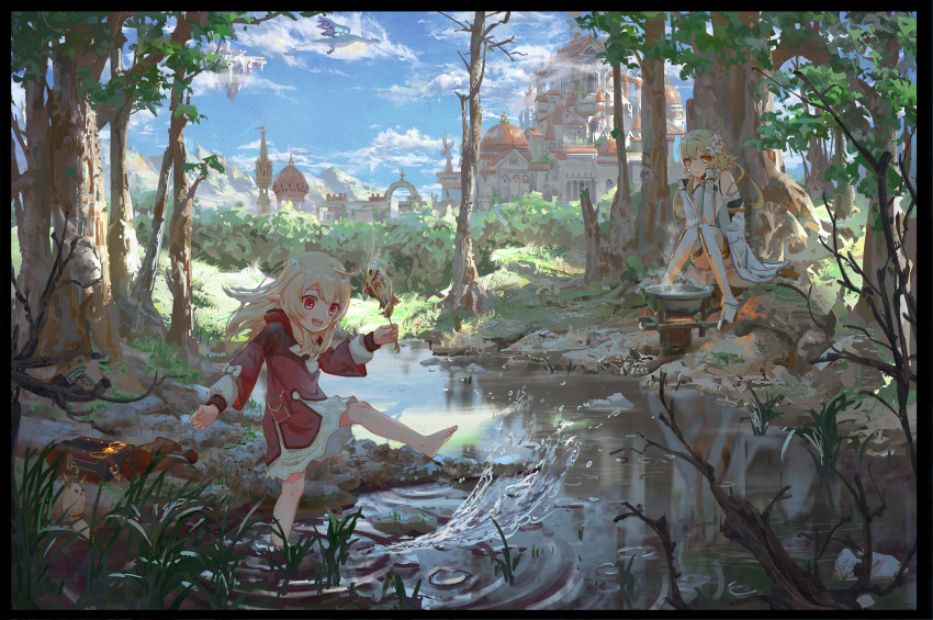 2girls :d ahoge alternate_hairstyle ayaxno backpack bag bag_charm bag_removed bangs barefoot bloomers blue_sky building cauldron charm_(object) clouds cloudy_sky coat commentary_request detached_sleeves dodoco_(genshin_impact) eyebrows_visible_through_hair fish forest genshin_impact hair_between_eyes hair_down head_rest highres holding hooded_coat in_water kicking klee_(genshin_impact) light_brown_hair long_hair long_sleeves looking_at_viewer lumine_(genshin_impact) multiple_girls nature no_gloves open_mouth pocket pointy_ears randoseru red_coat river scarf scenery short_hair short_hair_with_long_locks sidelocks sitting sky skyscraper smile stove tree underwear vision_(genshin_impact) white_scarf