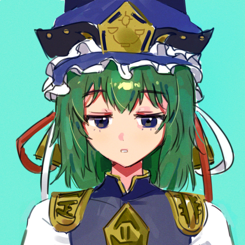 1girl aqua_background bangs blue_dress blue_eyes blue_headwear closed_mouth dress eyebrows_visible_through_hair green_hair hair_between_eyes hat hat_ribbon highres looking_at_viewer mujiga red_ribbon ribbon shiki_eiki short_hair short_sleeves simple_background sketch solo teeth touhou upper_body white_ribbon white_sleeves