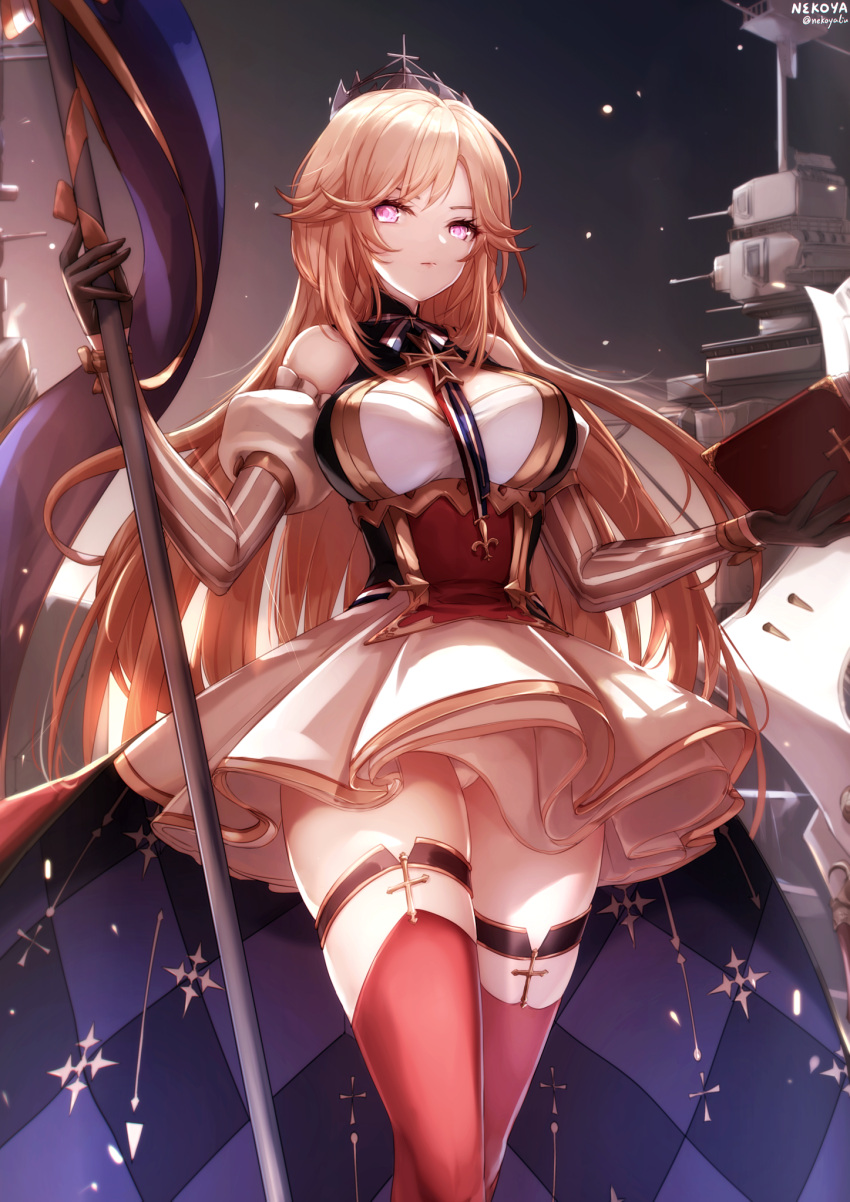 1girl artist_name azur_lane black_gloves blonde_hair book breasts closed_mouth corset cross cross_necklace cross_necktie crown dress eyebrows_visible_through_hair feet_out_of_frame flag french_flag gloves highres holding holding_book holding_flag jewelry long_hair looking_at_viewer medium_breasts neck_ribbon necklace nekoya_(liu) red_legwear ribbon richelieu_(azur_lane) serious solo standing thigh-highs violet_eyes white_dress