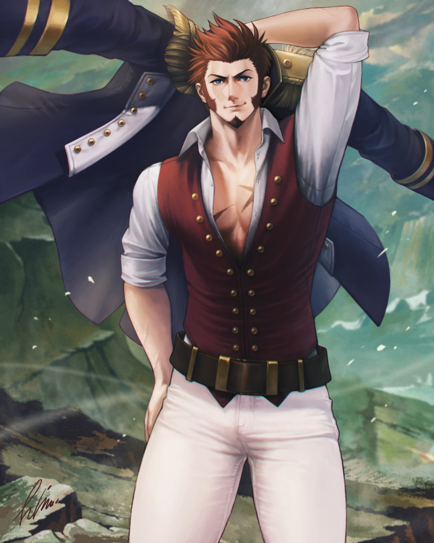 1boy blue_eyes brown_hair bulge epaulettes facial_hair fate/grand_order fate_(series) fringe_trim goatee highres himura_(him-la) jacket long_sideburns looking_at_viewer male_cleavage male_focus mature_male military military_uniform muscular muscular_male napoleon_bonaparte_(fate) open_clothes open_jacket open_shirt pants partially_unbuttoned pectorals scar scar_on_chest short_hair sideburns solo thick_thighs thighs uniform white_pants