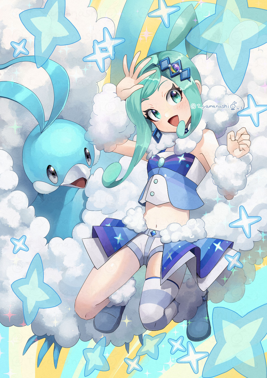 1girl :d altaria arm_warmers bare_shoulders blue_footwear blush boots buttons commentary_request eyelashes gen_3_pokemon green_eyes green_hair highres idol lisia_(pokemon) looking_at_viewer navel open_mouth pokemon pokemon_(creature) pokemon_(game) pokemon_oras shiny shiny_hair shorts shorts_under_skirt showgirl_skirt single_thighhigh smile sparkle striped striped_legwear thigh-highs tongue yamanashi_taiki