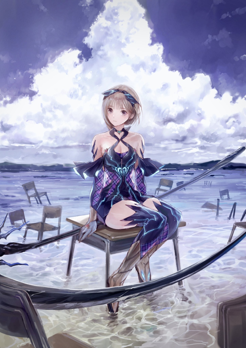 1girl bare_shoulders blue_reflection_tie blue_sky boots brown_eyes chair clouds commentary_request desk highres hoshizaki_ao key_visual kishida_mel knee_boots light_brown_hair looking_at_viewer official_art on_desk promotional_art scythe short_hair sitting sitting_on_desk sky solo thigh-highs water