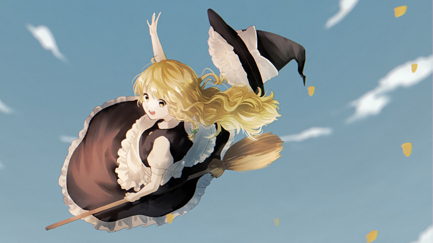 1girl :d apron arm_up bangs black_dress black_headwear blonde_hair blue_sky bow braid broom broom_riding buttons clouds dress eyebrows_visible_through_hair flying frills from_behind green_bow hair_bow hand_up hat hat_bow highres holding kirisame_marisa long_hair looking_down no_hat no_headwear open_mouth petals puffy_short_sleeves puffy_sleeves shirt short_sleeves single_braid sky smile solo somei_ooo touhou white_apron white_bow white_shirt white_sleeves witch_hat yellow_eyes