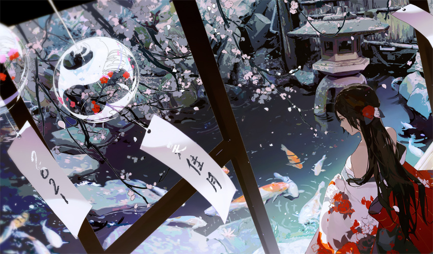 1girl bare_shoulders black_eyes black_hair breasts cherry_blossoms closed_mouth fish flower hair_flower hair_ornament japanese_clothes kimono koi long_hair long_sleeves original solo standing wide_sleeves wind_chime yueko_(jiayue_wu)