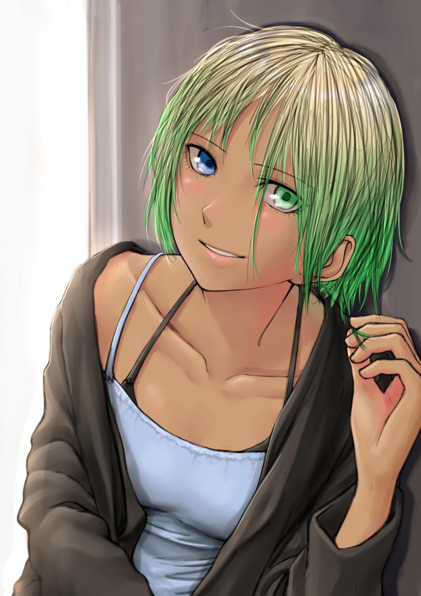 1girl absurdres black_bra black_jacket blue_camisole blue_eyes bra camisole collarbone green_eyes green_hair hair_between_eyes halterneck hand_up heterochromia highres jacket kirie_kairi long_sleeves looking_at_viewer open_clothes open_jacket original parted_lips smile solo underwear