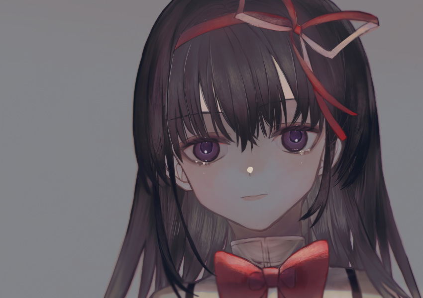 1girl akemi_homura black_hair bow bowtie commentary_request expressionless eyebrows_visible_through_hair grey_background hair_ribbon highres looking_at_viewer mahou_shoujo_madoka_magica mitakihara_school_uniform red_bow red_neckwear red_ribbon ribbon satou_akira_(artist) school_uniform simple_background solo tears violet_eyes