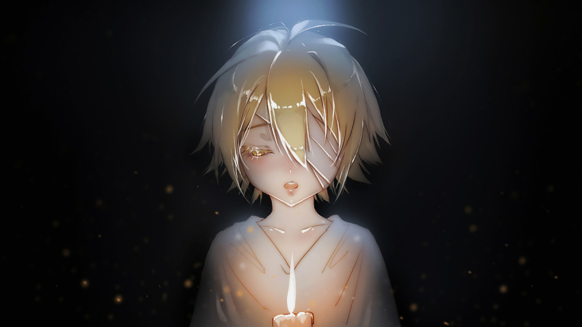 1boy bandage_over_one_eye black_background blonde_hair blurry bokeh candle closed_eyes collarbone commentary depth_of_field jay_ash light male_focus oliver_(vocaloid) open_mouth shirt spotlight upper_body vocaloid white_shirt