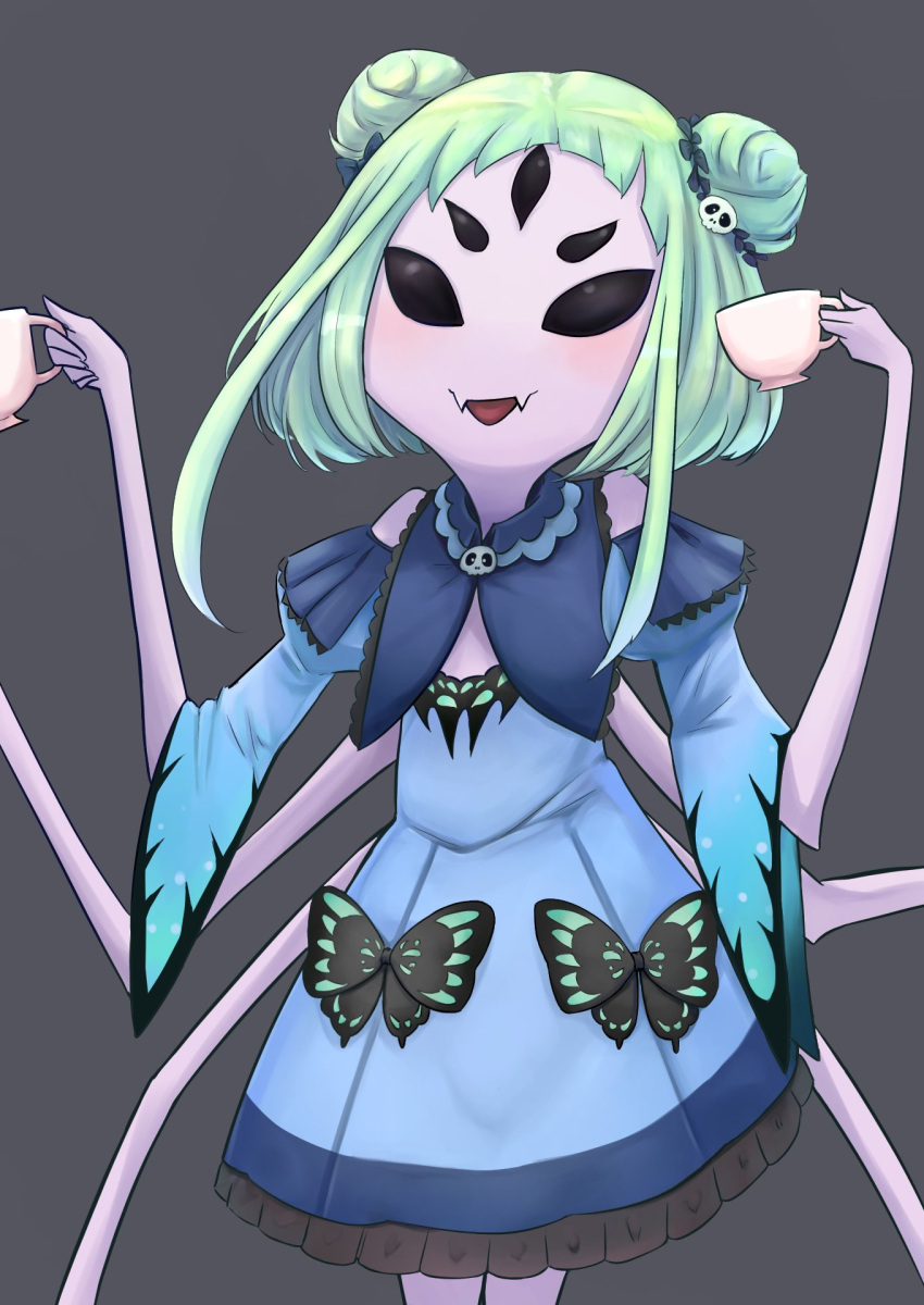 1girl arthropod_girl black_background blue_dress cosplay cup double_bun dress extra_arms extra_eyes fangs green_hair hair_ornament highres hololive izu_(tea_value_lord) muffet skin_fangs skull_hair_ornament solo spider_girl teacup undertale uruha_rushia uruha_rushia_(cosplay)