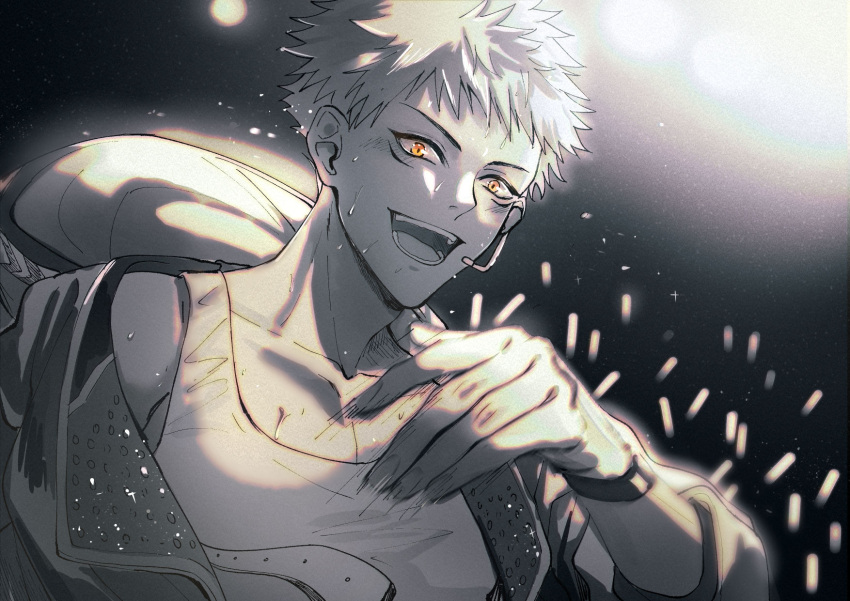 1boy bangs collarbone facial_mark greyscale hand_up highres hood hood_down itadori_yuuji jacket jujutsu_kaisen looking_at_viewer male_focus monochrome open_mouth short_hair smile solo spiky_hair spot_color sweat tank_top whitetown wristband yellow_eyes