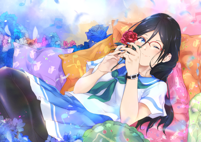 1girl beamed_eighth_notes black_hair black_legwear blue_eyes blue_flower blue_sailor_collar blue_skirt blush flower glasses green_neckwear hibike!_euphonium highres holding holding_flower kitauji_high_school_uniform kuziaaizuk long_hair looking_at_viewer lying musical_note nail_polish neckerchief on_back one_eye_closed pantyhose pleated_skirt red-framed_eyewear red_flower red_rose rose sailor_collar school_uniform serafuku shirt short_sleeves skirt smile solo tanaka_asuka watch white_shirt