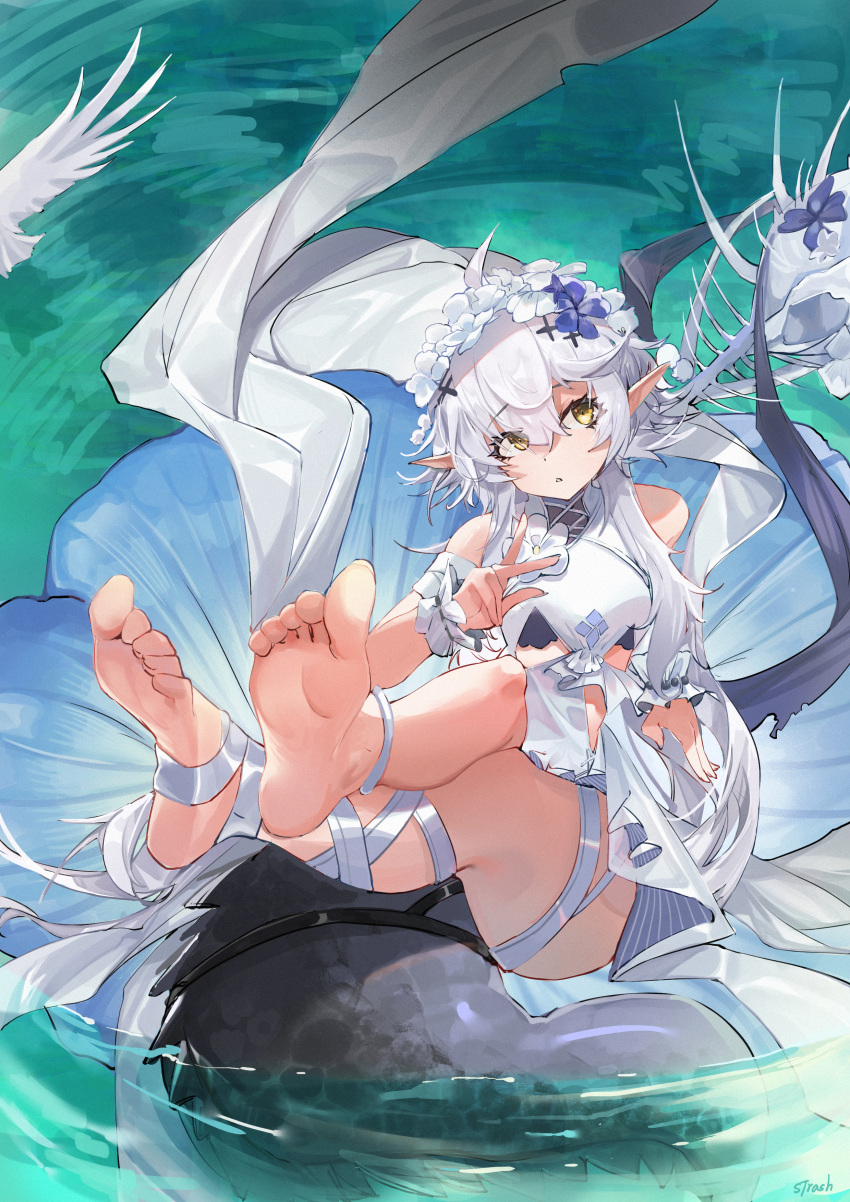 1girl absurdres arknights bare_arms bare_legs bare_shoulders barefoot crocodilian_tail crossed_legs feet flower hair_flower hair_ornament highres large_tail long_hair pointy_ears short_hair silver_hair small_garbage soles tail toes tomimi_(arknights) water yellow_eyes