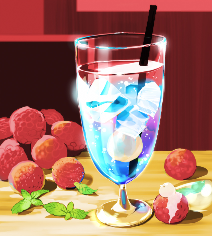 berry chai cup drink drinking_glass drinking_straw food food_focus fruit highres ice ice_cube indoors no_humans original raspberry shadow table