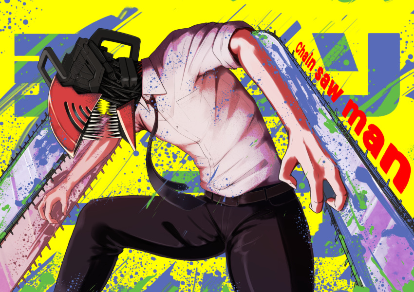 1boy chainsaw chainsaw_man copyright_name denji_(chainsaw_man) highres izu_(tea_value_lord) male_focus monster_boy multicolored multicolored_background necktie paint_splatter sharp_teeth solo teeth