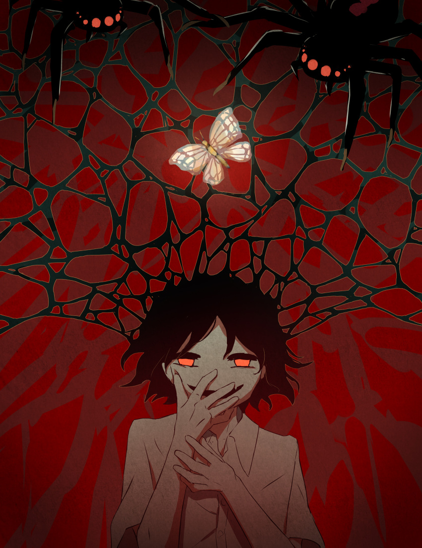 1boy absurdres avogado6 black_hair bug butterfly colored_skin commentary_request evil_grin evil_smile fangs grin hands_up highres insect looking_at_viewer male_focus original red_background red_eyes shirt silk skin_fangs smile solo spider spider_web white_butterfly white_shirt white_skin