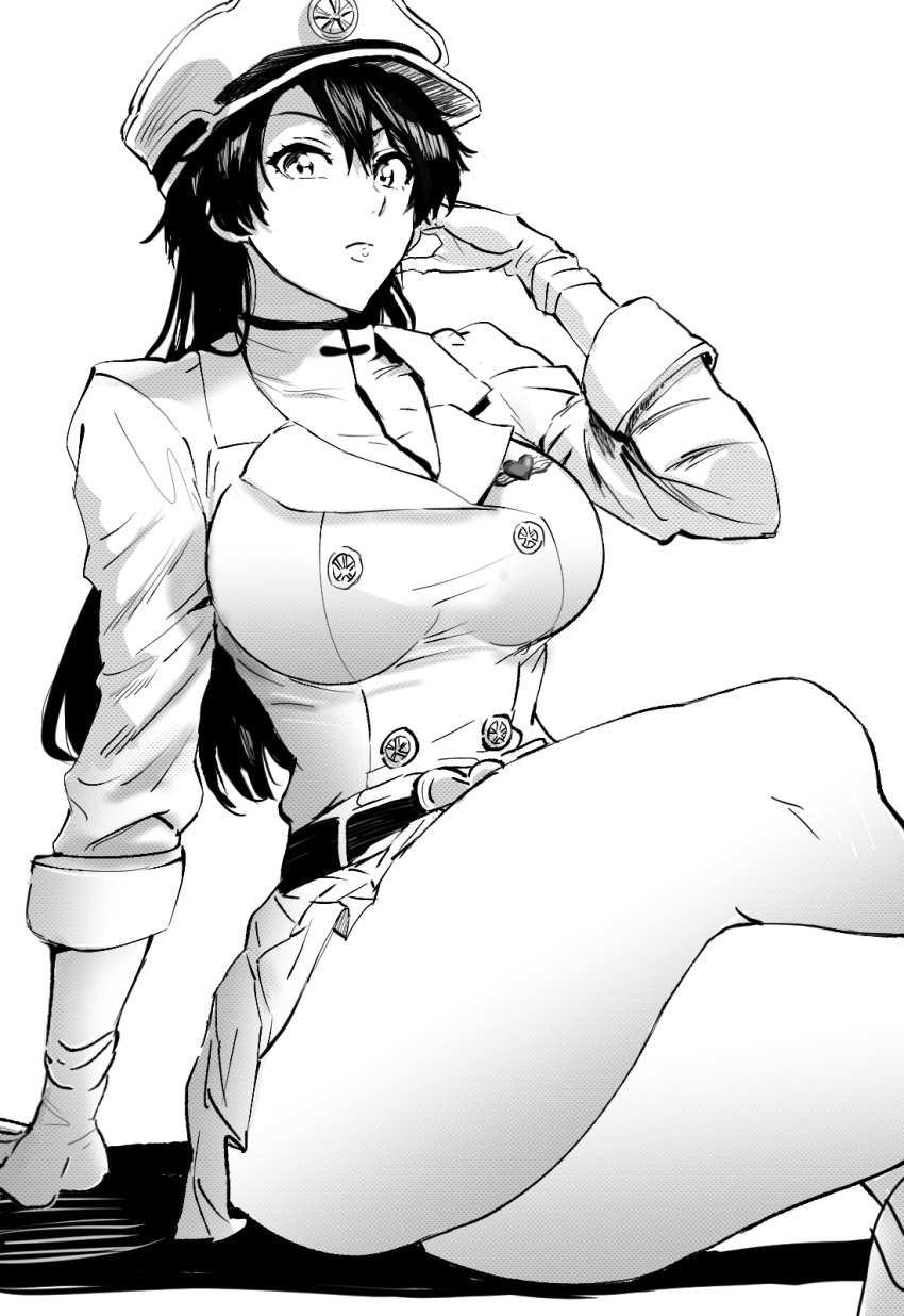1girl arm_support bambietta_basterbine belt black_hair bleach bleach:_the_thousand-year_blood_war breasts crossed_legs daraz18aka gloves greyscale hair_between_eyes hat highres large_breasts long_hair long_sleeves looking_at_viewer military military_uniform miniskirt monochrome peaked_cap simple_background skirt solo uniform