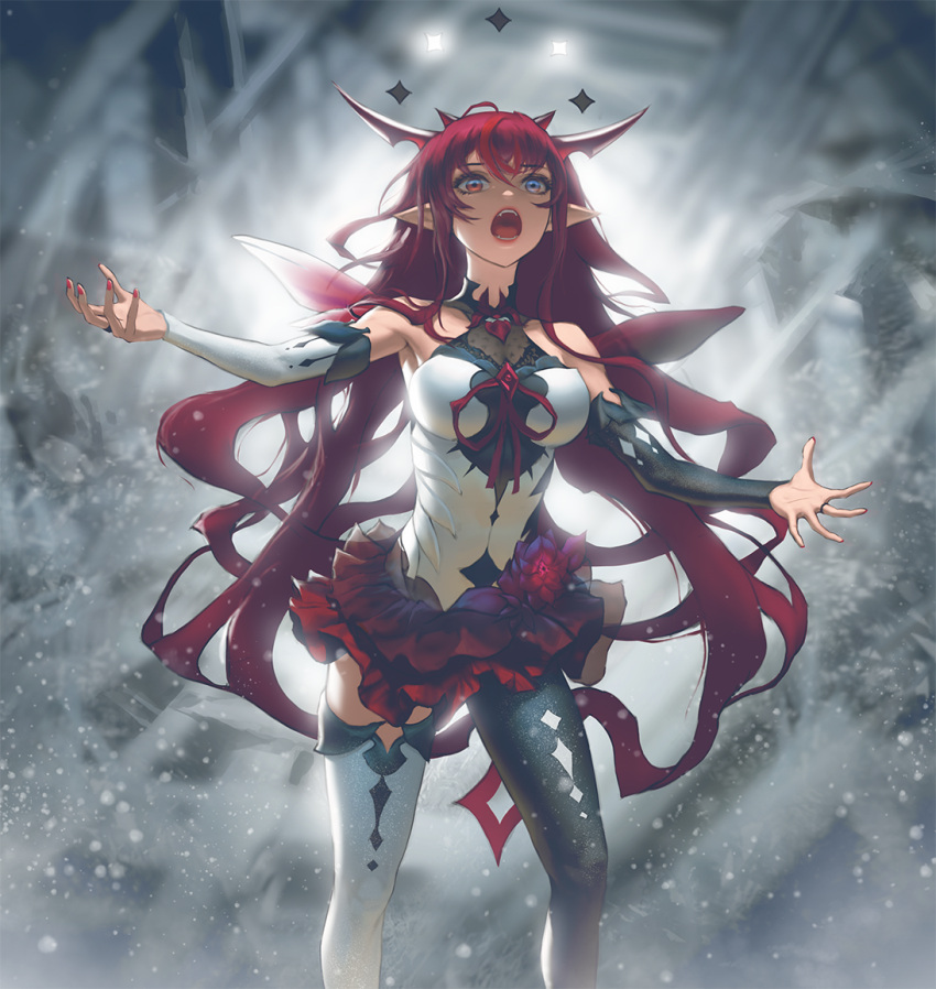 1girl asymmetrical_legwear blue_eyes breasts bridal_gauntlets demon_horns frilled_skirt frills heterochromia hololive hololive_english horns infi irys_(hololive) medium_breasts miniskirt mismatched_legwear open_mouth pointy_ears red_eyes redhead skirt solo virtual_youtuber wings